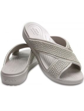 CROCS Women’s Crystal-Embellished White Slide Sandals Size 8 Wide